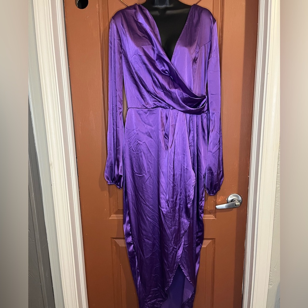 SHEIN Purple Plunge Neck Bishop Sleeve Dress